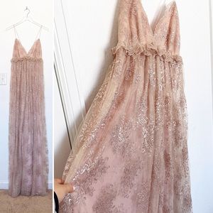 Marchesa Notte Rose Gold Pink Lace Tulle Glitter Deep Plunge Maxi Gown Dress 12